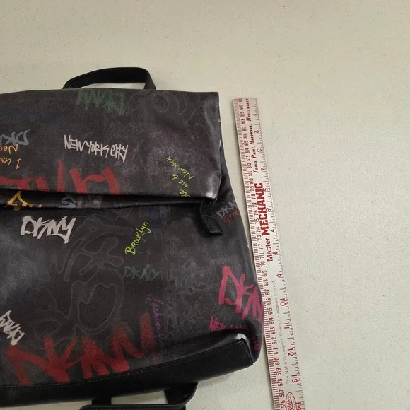 DKNY Graffiti Print Backpack Black Faux Leather NYC Streetwear Foldover Bag - Picture 9 of 10